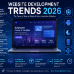 Futuristic infographic showing the top website development trends 2026, including AI-powered development, voice search optimization, progressive web apps, cybersecurity, mobile-first design, Web3 technology, and faster website performance.