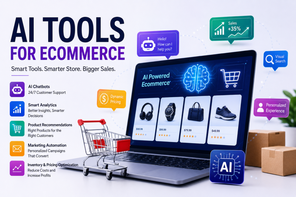 AI tools for ecommerce illustration showing a laptop online store with product recommendations, chatbot assistant, analytics icons, and digital shopping elements representing automation and smart sales tools.