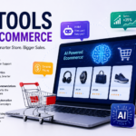 AI tools for ecommerce illustration showing a laptop online store with product recommendations, chatbot assistant, analytics icons, and digital shopping elements representing automation and smart sales tools.