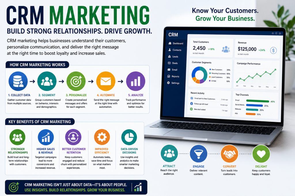 “CRM Marketing” showing a modern dashboard on a laptop with customer data, segmentation, automation, and analytics, alongside visual steps like data collection, personalization, and campaign tracking, highlighting benefits such as higher sales, better customer relationships, improved retention, and data-driven decisions