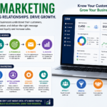 “CRM Marketing” showing a modern dashboard on a laptop with customer data, segmentation, automation, and analytics, alongside visual steps like data collection, personalization, and campaign tracking, highlighting benefits such as higher sales, better customer relationships, improved retention, and data-driven decisions