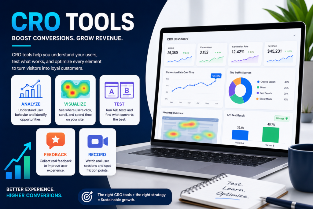 Modern CRO tools infographic showing a laptop dashboard with analytics, conversion metrics, heatmaps, and A/B testing results, alongside icons for analyze, visualize, test, feedback, and session recording.