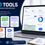 Modern CRO tools infographic showing a laptop dashboard with analytics, conversion metrics, heatmaps, and A/B testing results, alongside icons for analyze, visualize, test, feedback, and session recording.