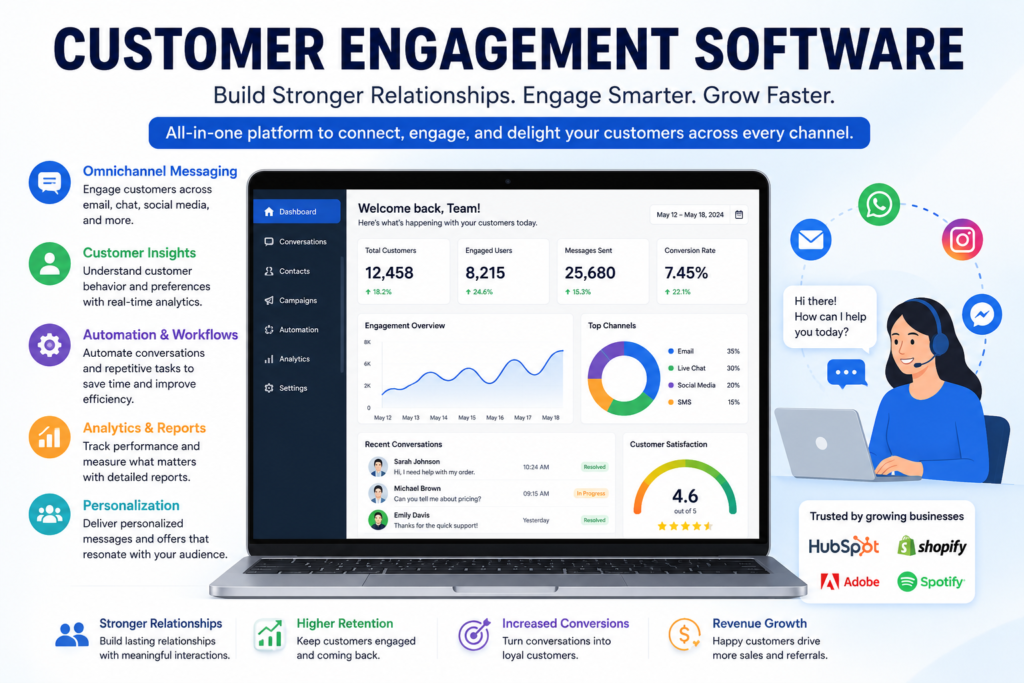 Modern customer engagement software dashboard illustration showing omnichannel messaging, analytics, automation workflows, and personalized customer interactions on a laptop screen