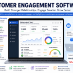 Modern customer engagement software dashboard illustration showing omnichannel messaging, analytics, automation workflows, and personalized customer interactions on a laptop screen
