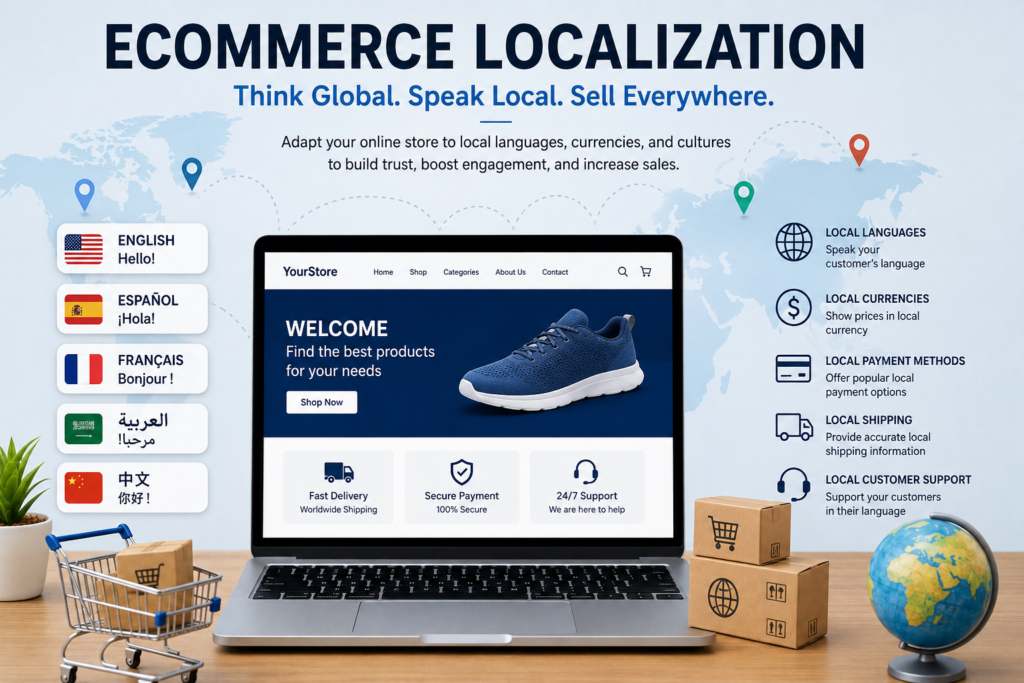 Ecommerce localization infographic showing multilingual online store with local languages, currencies, payment methods, and global shipping options to boost international sales.