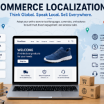 Ecommerce localization infographic showing multilingual online store with local languages, currencies, payment methods, and global shipping options to boost international sales.