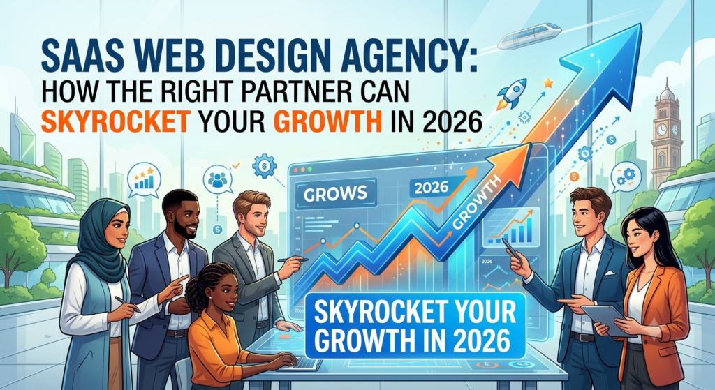 SaaS web design agency team creating a modern software website with user-friendly interface, conversion-focused layout, and responsive design for business growth