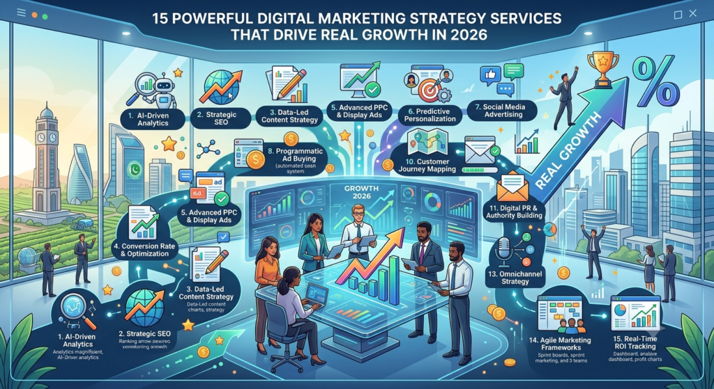 Digital marketing strategy services illustration showing a team analyzing SEO data, social media campaigns, content marketing performance, and paid advertising dashboards to drive business growth in 2026
