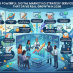Digital marketing strategy services illustration showing a team analyzing SEO data, social media campaigns, content marketing performance, and paid advertising dashboards to drive business growth in 2026