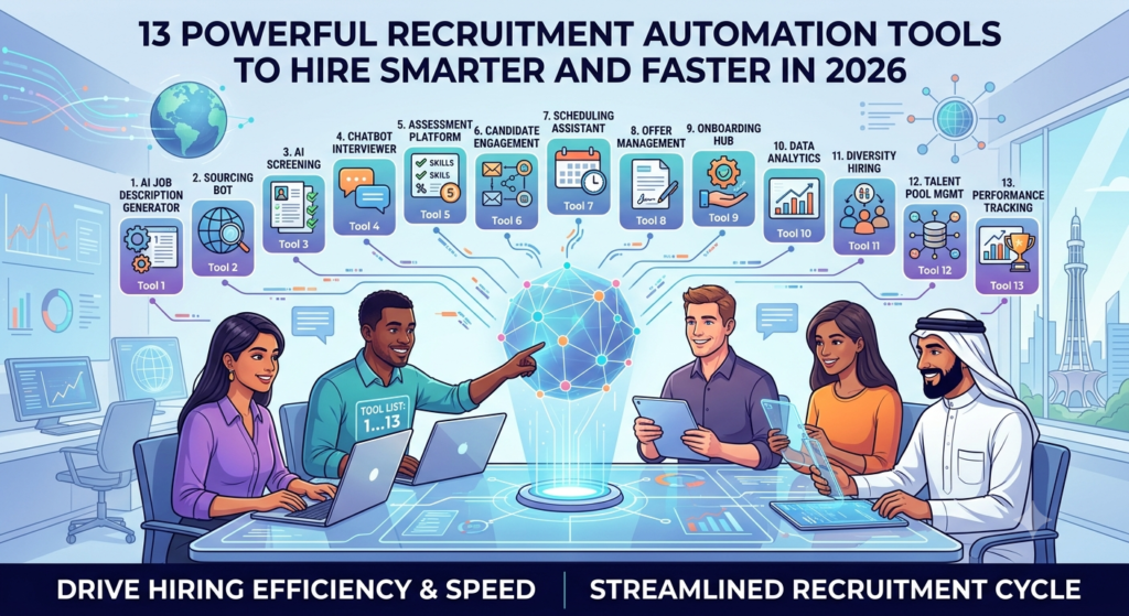 Recruitment automation tools dashboard showing candidate tracking and hiring workflow