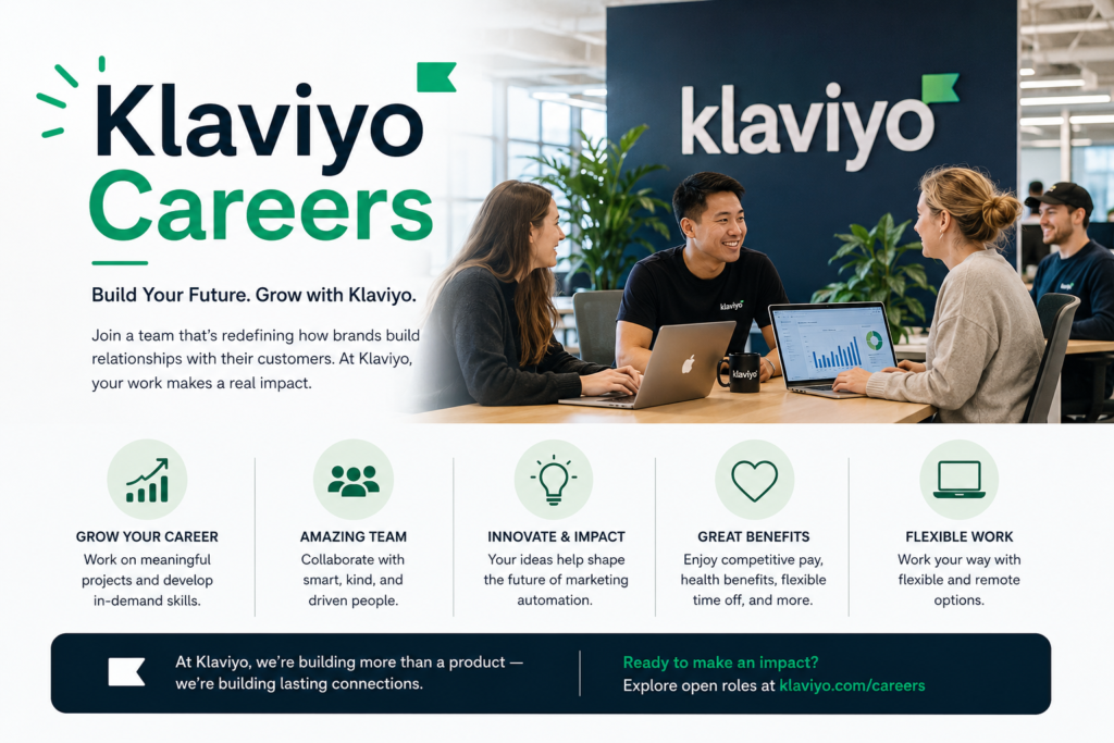 Klaviyo careers infographic showing team collaboration, company culture, employee benefits, and growth opportunities in a modern marketing technology workplace.