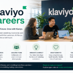 Klaviyo careers infographic showing team collaboration, company culture, employee benefits, and growth opportunities in a modern marketing technology workplace.