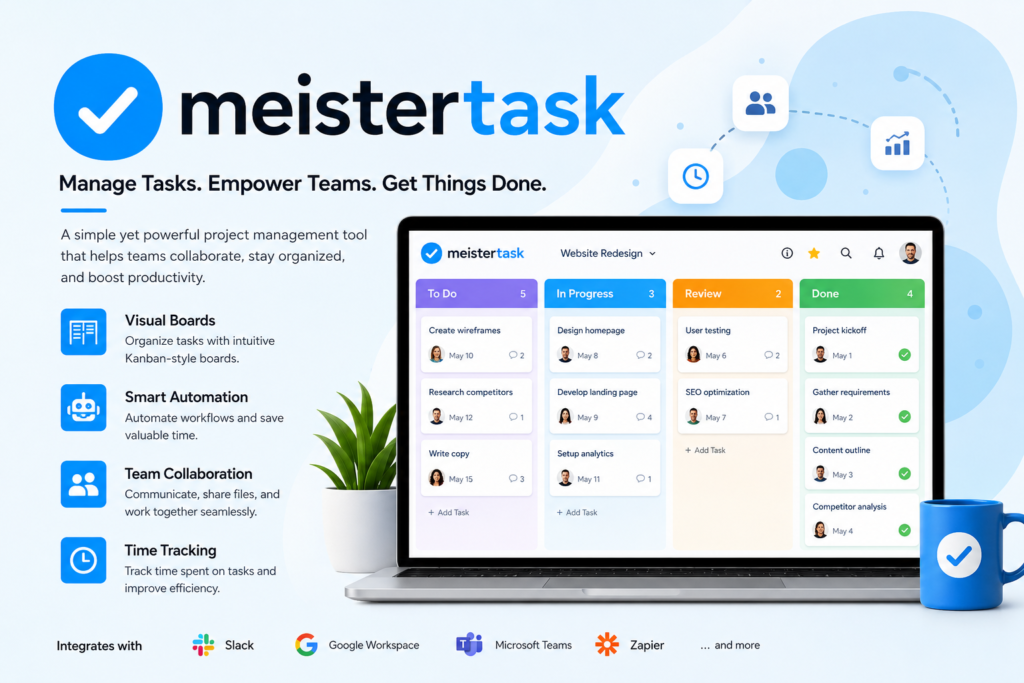 Modern promotional banner of MeisterTask project management tool showing a laptop with a Kanban task board interface, highlighting features like visual boards, automation, team collaboration, and time tracking, along with integration icons such as Slack, Google Workspace, Microsoft Teams, and Zapier.
