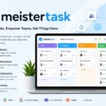 Modern promotional banner of MeisterTask project management tool showing a laptop with a Kanban task board interface, highlighting features like visual boards, automation, team collaboration, and time tracking, along with integration icons such as Slack, Google Workspace, Microsoft Teams, and Zapier.