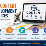 SEO content development services infographic showing keyword research, content optimization, higher rankings, and increased website traffic with a modern workspace and laptop display
