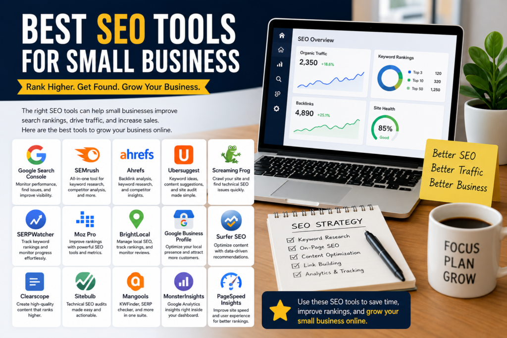 Infographic showing best SEO tools for small businesses with a laptop dashboard displaying traffic, keyword rankings, backlinks, and site health alongside popular SEO tool icons and a modern workspace setup