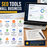 Infographic showing best SEO tools for small businesses with a laptop dashboard displaying traffic, keyword rankings, backlinks, and site health alongside popular SEO tool icons and a modern workspace setup