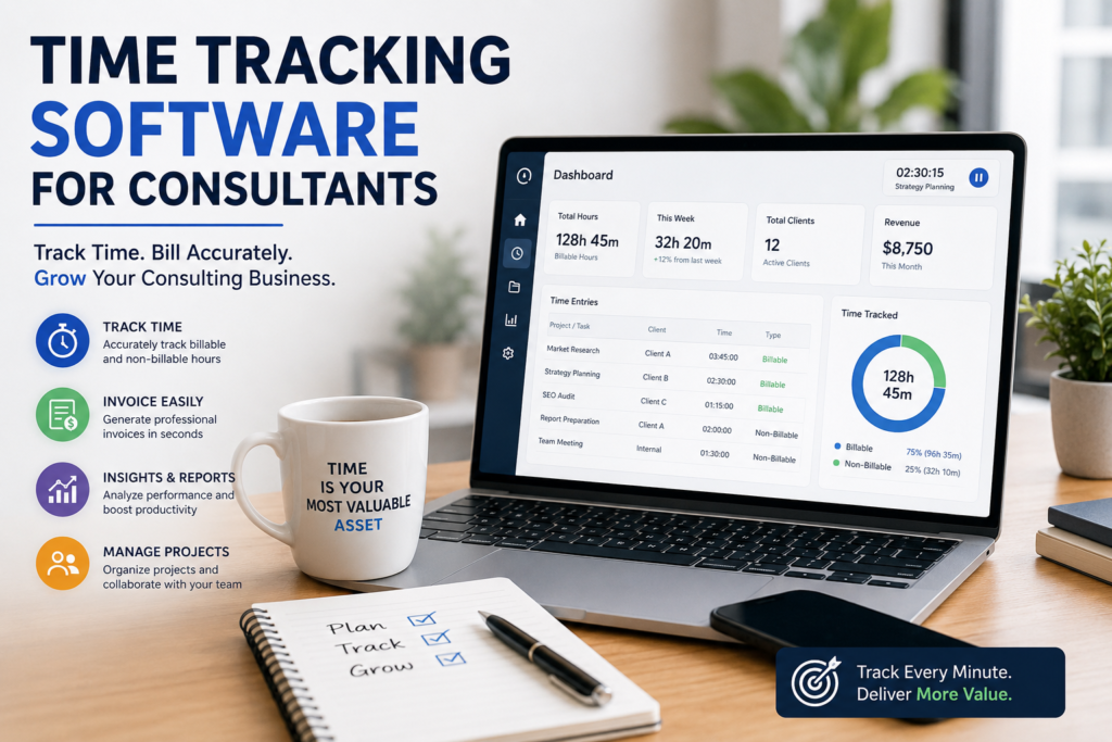 Professional workspace showing a laptop with time tracking software dashboard, highlighting billable hours, reports, and project management features for consultants.