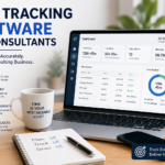 Professional workspace showing a laptop with time tracking software dashboard, highlighting billable hours, reports, and project management features for consultants.