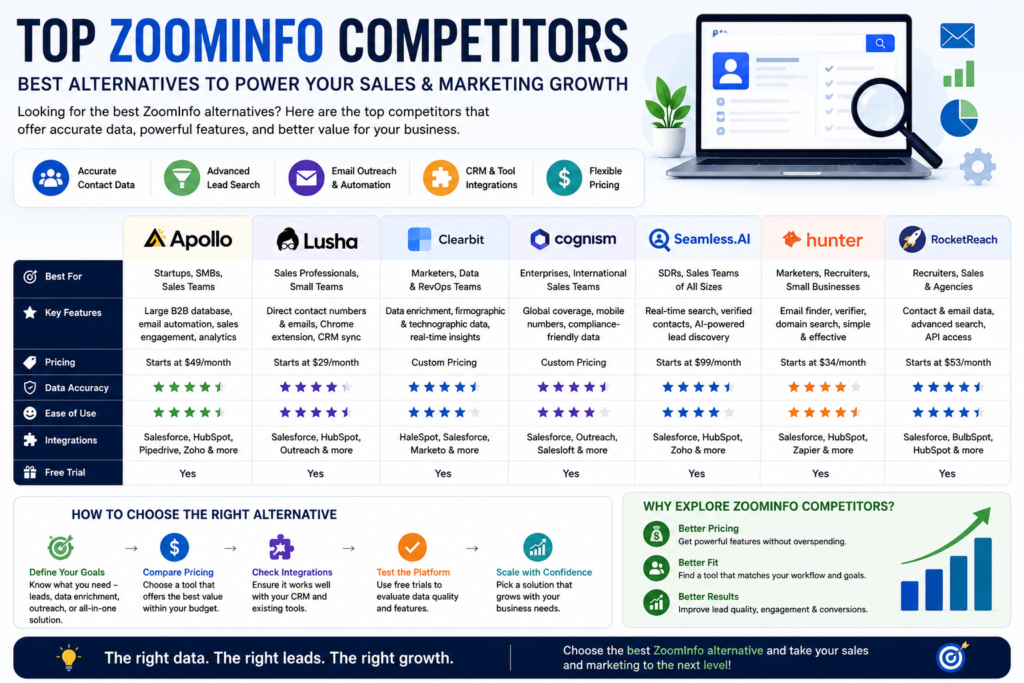 “Top ZoomInfo Competitors” showing a side-by-side comparison of platforms like Apollo, Lusha, Clearbit, Cognism, Seamless.AI, Hunter, and RocketReach with features such as data accuracy, pricing, integrations, and use cases, alongside a laptop displaying a sales intelligence dashboard and visuals for lead generation, email outreach, and analytics.