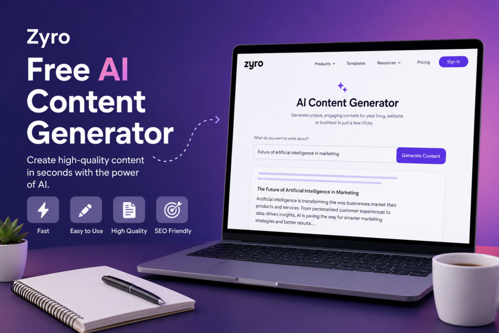 Zyro free AI content generator interface displayed on a laptop with a modern purple gradient background, highlighting fast, SEO-friendly content creation features.