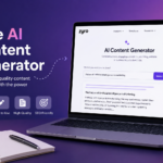 Zyro free AI content generator interface displayed on a laptop with a modern purple gradient background, highlighting fast, SEO-friendly content creation features.