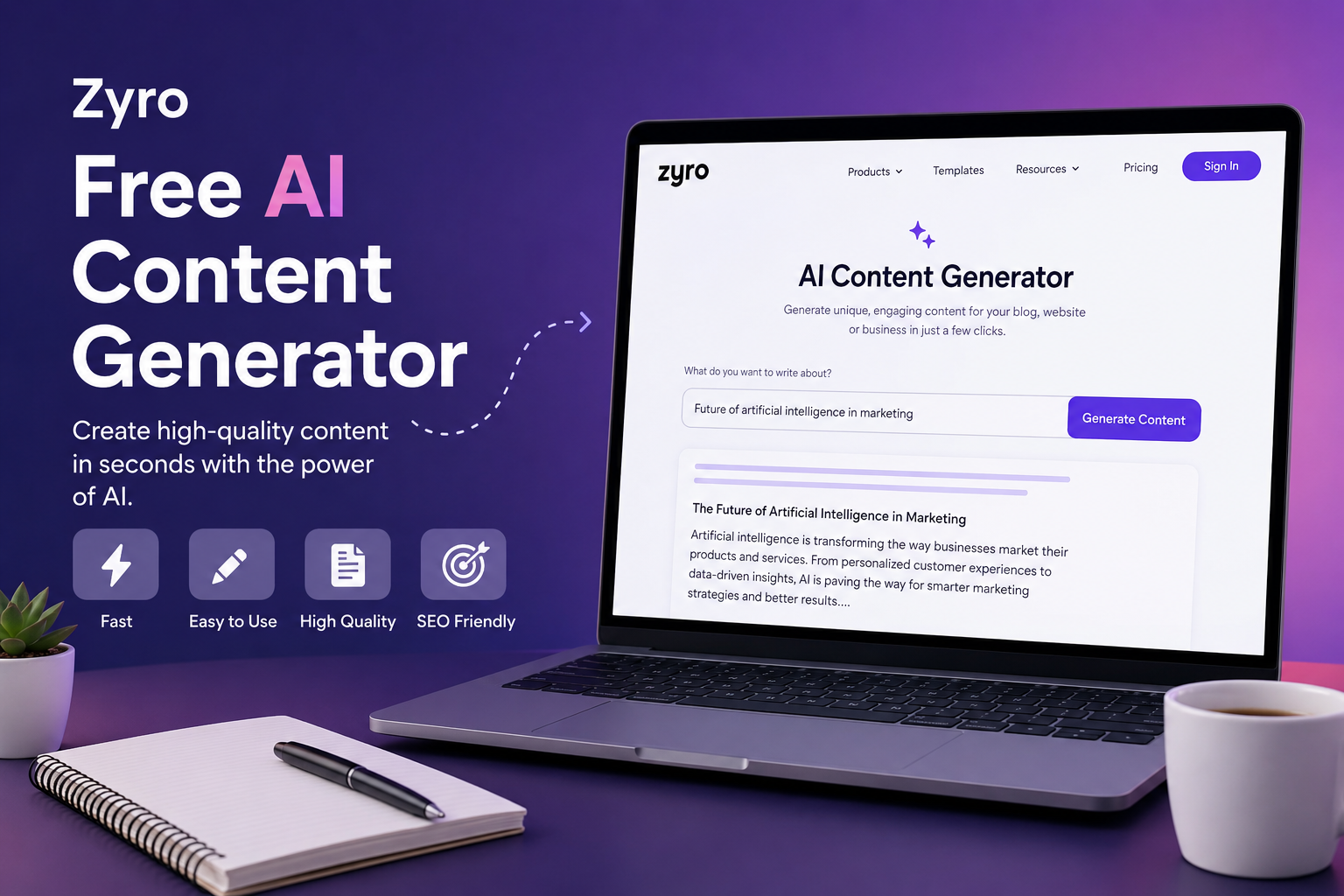 Zyro free AI content generator interface displayed on a laptop with a modern purple gradient background, highlighting fast, SEO-friendly content creation features.