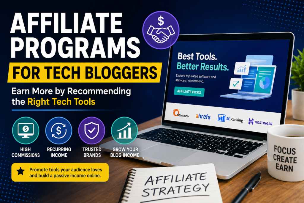 Affiliate programs for tech bloggers banner showing a laptop with marketing tools, icons for high commissions and recurring income, and text about earning through tech recommendations