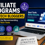 Affiliate programs for tech bloggers banner showing a laptop with marketing tools, icons for high commissions and recurring income, and text about earning through tech recommendations
