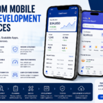 Custom mobile app development services banner showing smartphone app UI, scalable solutions, secure features, and cross-platform technologies like iOS and Android.