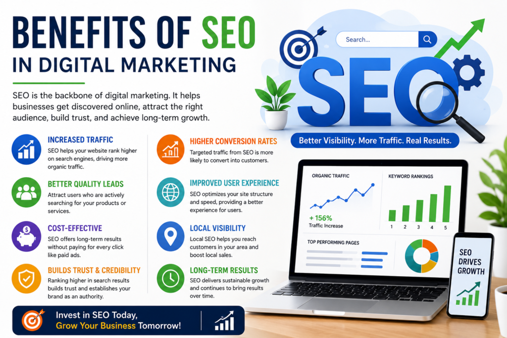 “Benefits of SEO in Digital Marketing” showing key advantages such as increased organic traffic, higher conversion rates, better quality leads, improved user experience, cost-effectiveness, local visibility, long-term growth, and stronger brand credibility, illustrated with icons, charts, and a laptop displaying rising analytics data.