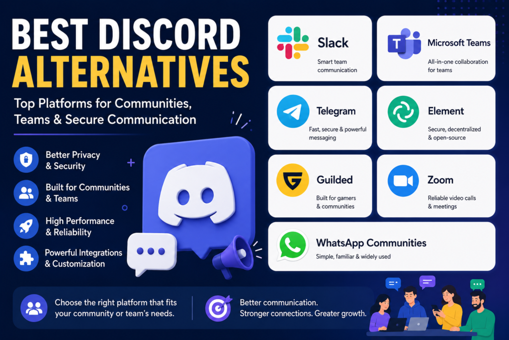Modern infographic banner showcasing best Discord alternatives including Slack, Microsoft Teams, Telegram, Element, Guilded, Zoom, and WhatsApp Communities, with a dark blue gradient background, bold headline ‘Best Discord Alternatives’, and clean tech-style icons representing communication platforms