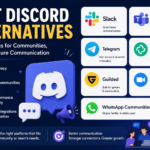 Modern infographic banner showcasing best Discord alternatives including Slack, Microsoft Teams, Telegram, Element, Guilded, Zoom, and WhatsApp Communities, with a dark blue gradient background, bold headline ‘Best Discord Alternatives’, and clean tech-style icons representing communication platforms