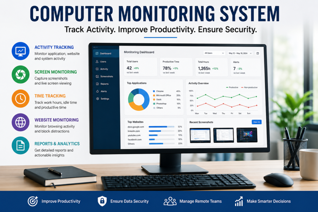 Computer monitoring system dashboard showing employee activity tracking, productivity analytics, and security monitoring on a modern workspace setup.
