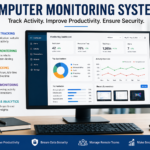 Computer monitoring system dashboard showing employee activity tracking, productivity analytics, and security monitoring on a modern workspace setup.