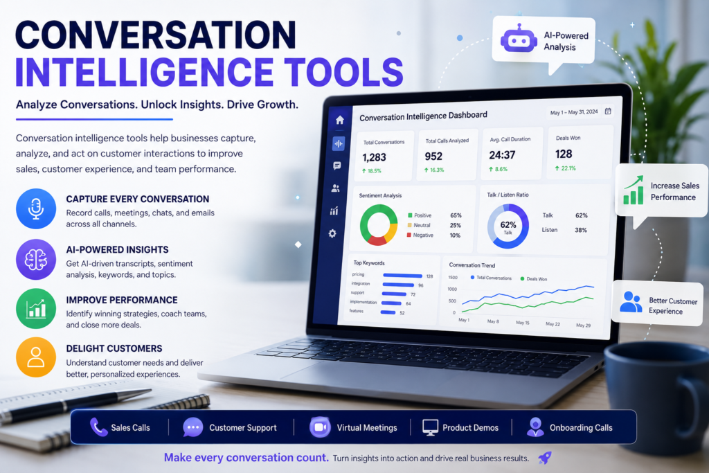 Modern conversation intelligence tools dashboard showing AI-powered call analytics, customer insights, speech recognition, and sales performance metrics in a clean business interface