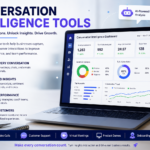 Modern conversation intelligence tools dashboard showing AI-powered call analytics, customer insights, speech recognition, and sales performance metrics in a clean business interface