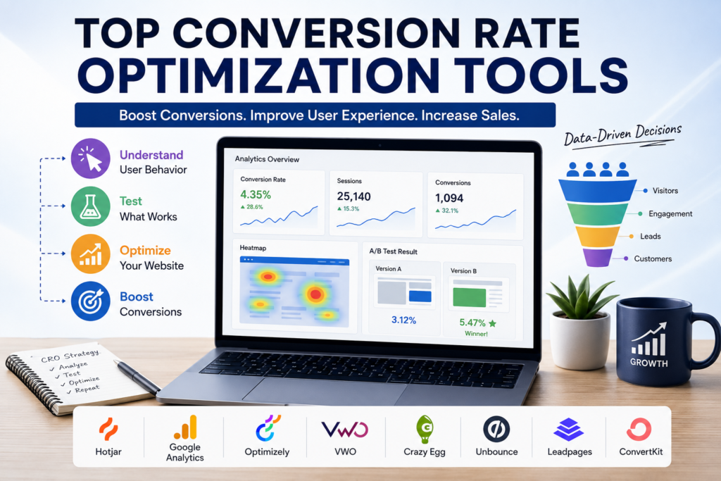 conversion rate optimization tools infographic showing a laptop dashboard with analytics metrics, heatmaps, A/B testing results, and CRO tools icons representing data-driven website growth and increased sales.