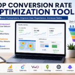 conversion rate optimization tools infographic showing a laptop dashboard with analytics metrics, heatmaps, A/B testing results, and CRO tools icons representing data-driven website growth and increased sales.
