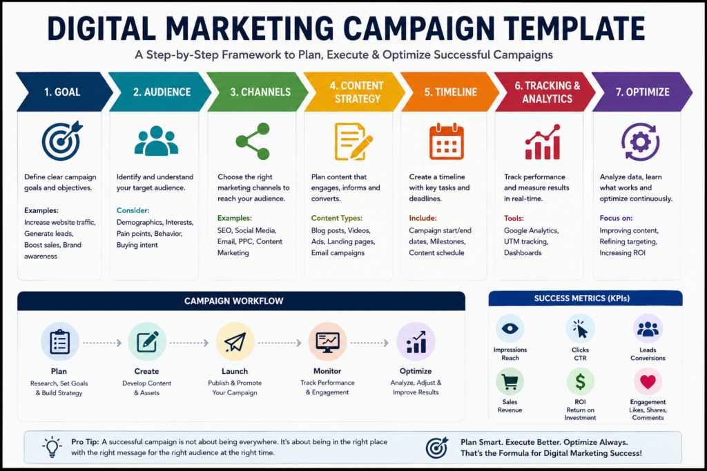 Digital marketing campaign template infographic showing step-by-step process including goal setting, audience targeting, channel selection, content strategy, timeline planning, analytics tracking, and campaign optimization.