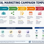 Digital marketing campaign template infographic showing step-by-step process including goal setting, audience targeting, channel selection, content strategy, timeline planning, analytics tracking, and campaign optimization.