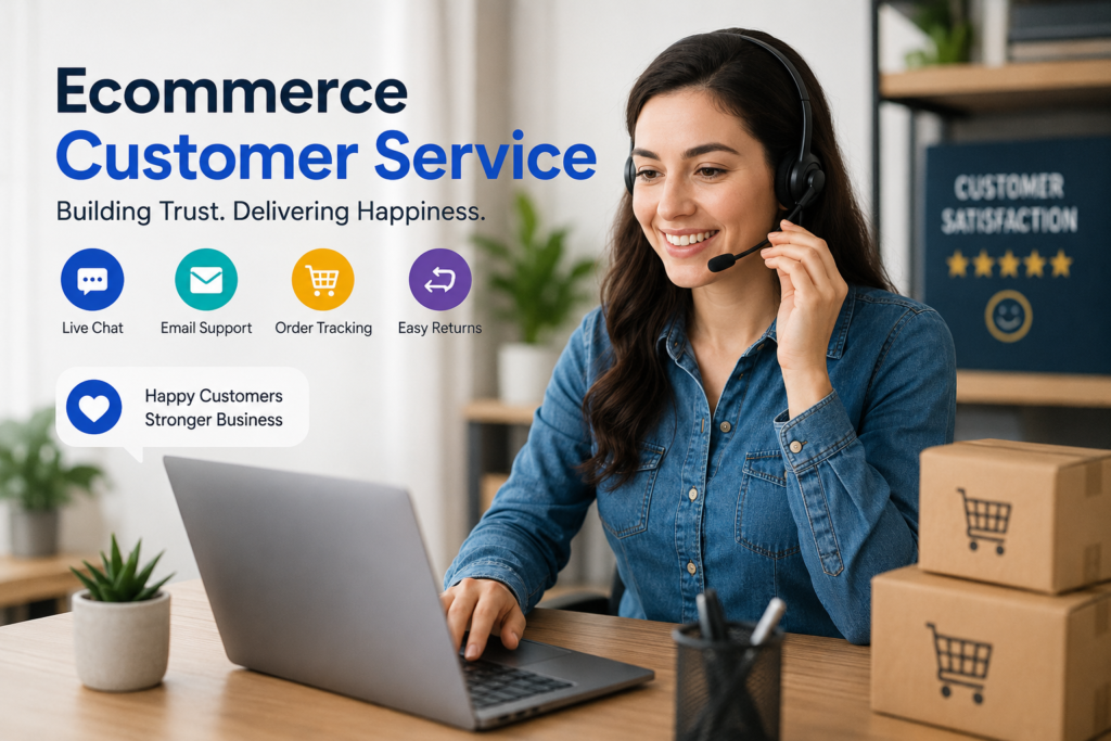 Ecommerce customer service representative using laptop and headset, showing live chat, email support, order tracking, and easy returns in a modern workspace.