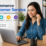 Ecommerce customer service representative using laptop and headset, showing live chat, email support, order tracking, and easy returns in a modern workspace.
