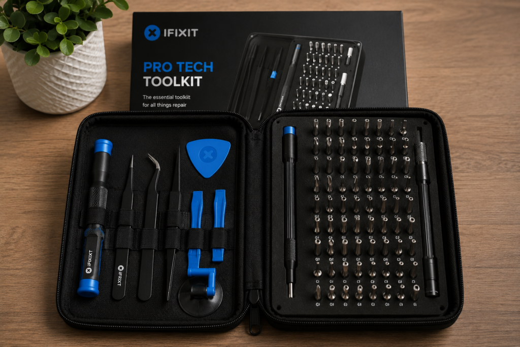iFixit Pro Tech Toolkit with precision screwdriver bits, repair tools, and organized case for electronics repair
