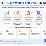 keyword analysis in SEO process infographic showing steps like keyword research, intent analysis, and performance tracking