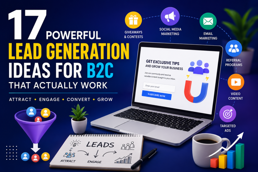 lead generation Ideas for B2C infographic showing marketing strategies like social media, email marketing, referral programs, and targeted ads with a laptop displaying a lead capture form to attract, engage, and convert customers.”