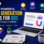 lead generation Ideas for B2C infographic showing marketing strategies like social media, email marketing, referral programs, and targeted ads with a laptop displaying a lead capture form to attract, engage, and convert customers.”