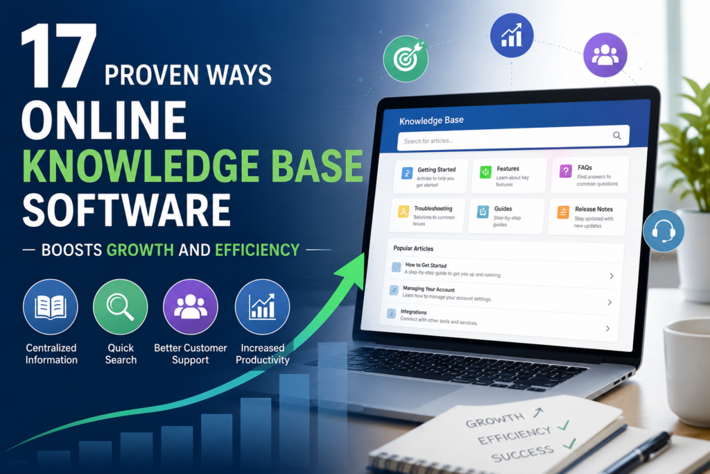 proven ways online knowledge base software boosts growth and efficiency, featuring a laptop displaying a knowledge base dashboard with search, FAQs, guides, and analytics icons representing productivity and customer support improvements.”