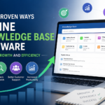 proven ways online knowledge base software boosts growth and efficiency, featuring a laptop displaying a knowledge base dashboard with search, FAQs, guides, and analytics icons representing productivity and customer support improvements.”
